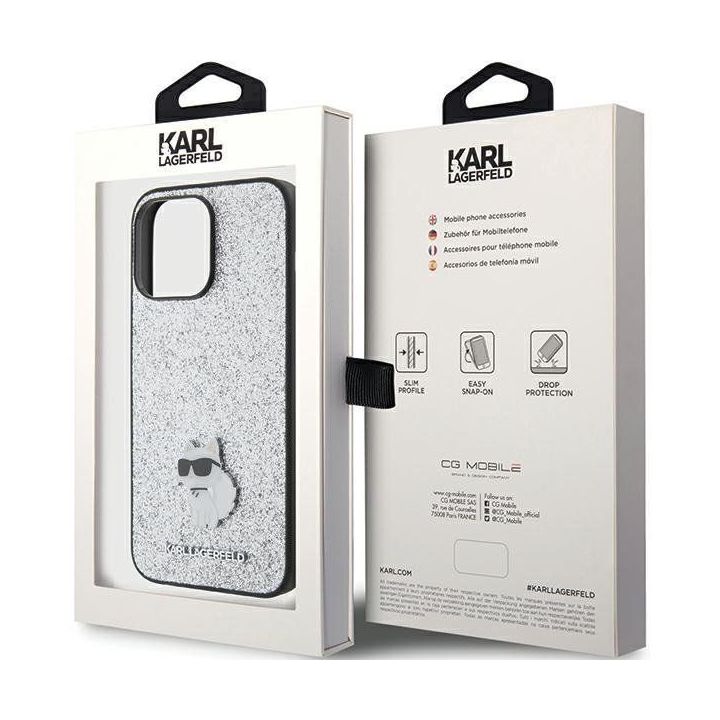 Karl Lagerfeld fiksuotas blizgučių Choupette logotipo metalinis smeigtukas iPhone 15 Pro Max dėklas - sidabrinis