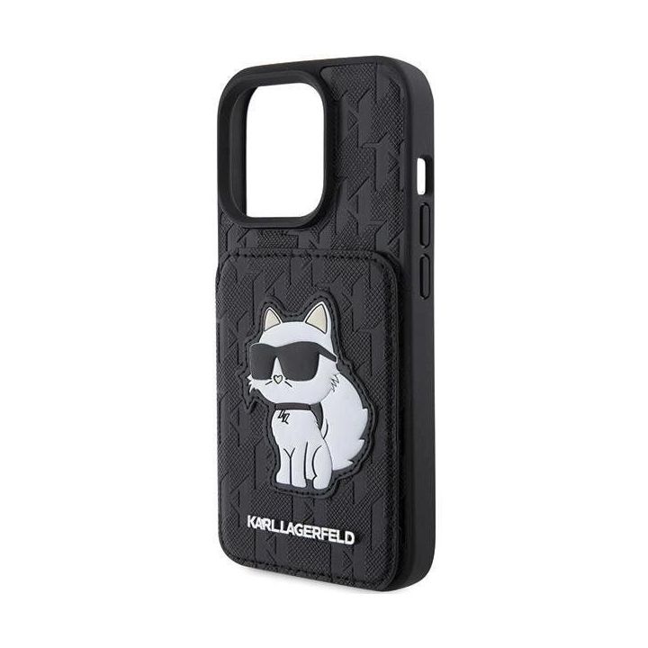Karl Lagerfeld Saffiano Cardslots and Stand Monogram Choupette dėklas iPhone 15 Pro Max - juodas
