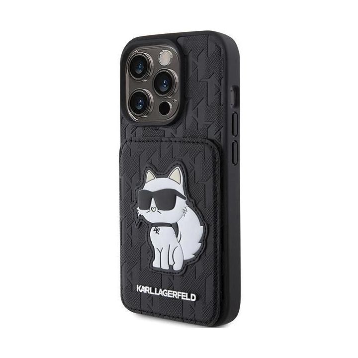 Karl Lagerfeld Saffiano Cardslots and Stand Monogram Choupette dėklas iPhone 15 Pro Max - juodas