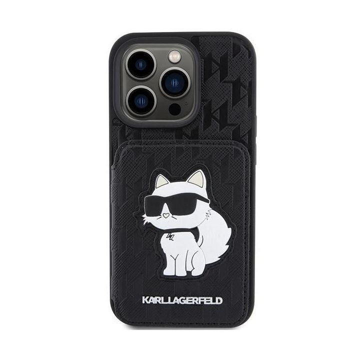 Karl Lagerfeld Saffiano Cardslots and Stand Monogram Choupette dėklas iPhone 15 Pro Max - juodas