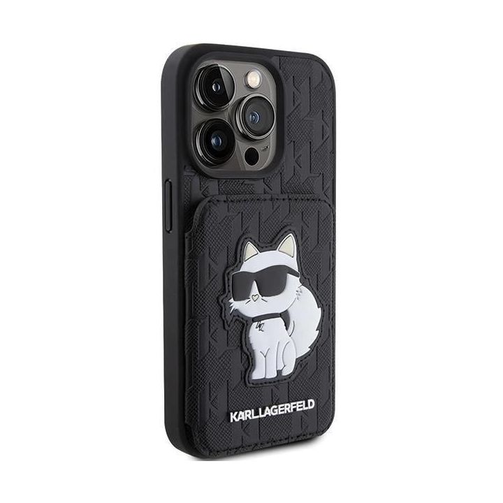 Karl Lagerfeld Saffiano Cardslots and Stand Monogram Choupette dėklas iPhone 15 Pro Max - juodas