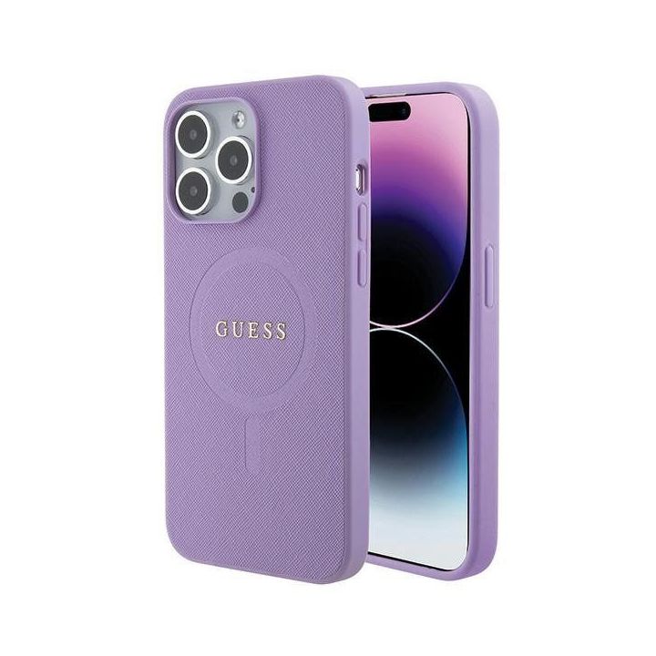 Guess Saffiano MagSafe dėklas iPhone 15 Pro - fioletine spalva