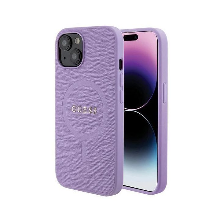 Guess Saffiano MagSafe dėklas iPhone 15 Plus - fioletine spalva
