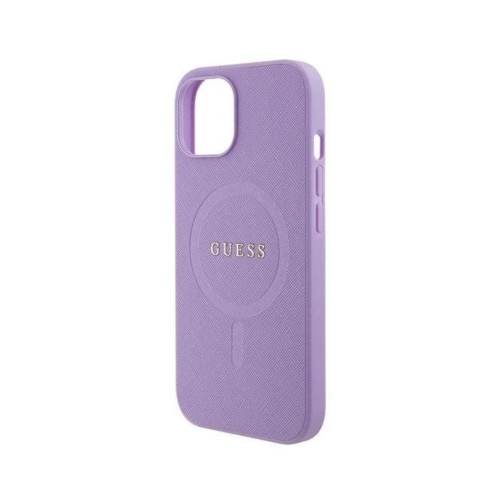 Guess Saffiano MagSafe dėklas iPhone 15 Plus - fioletine spalva