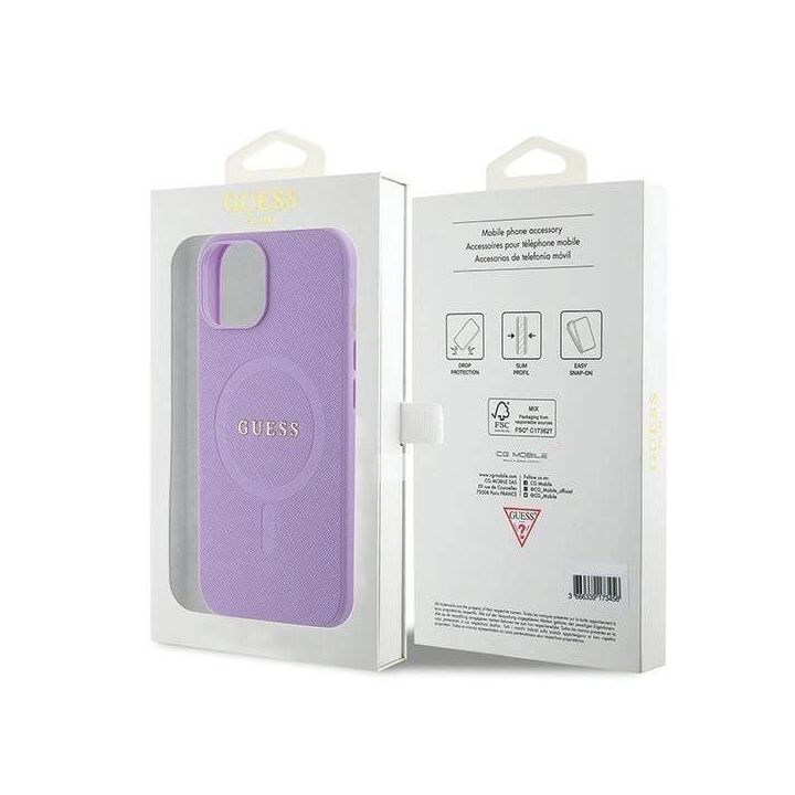Guess Saffiano MagSafe dėklas iPhone 15 Plus - fioletine spalva
