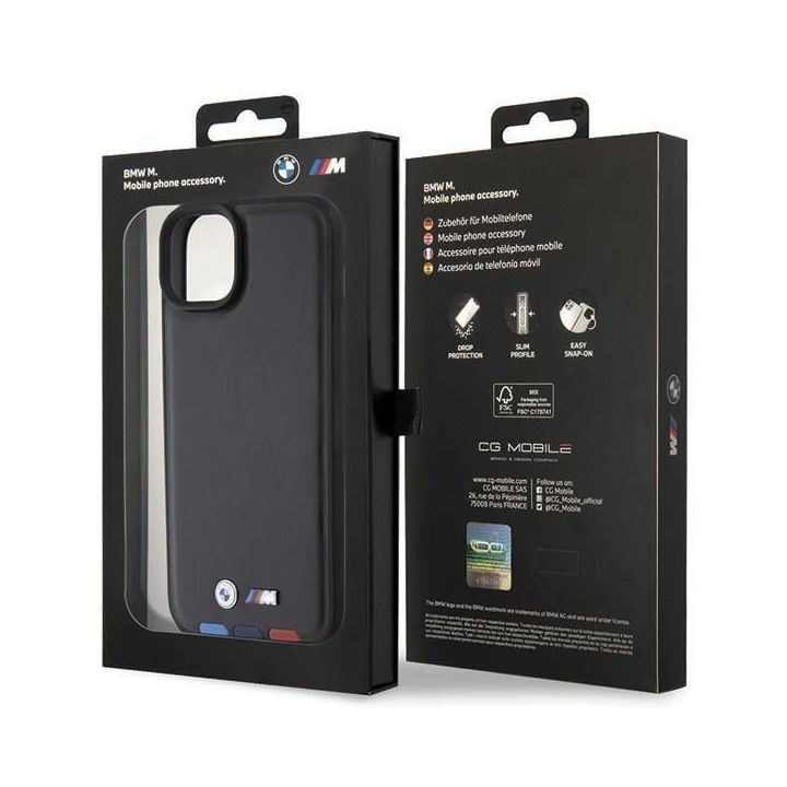 BMW odinis antspaudas iPhone 15 Plus su trispalviu antspaudu - juodos spalvos