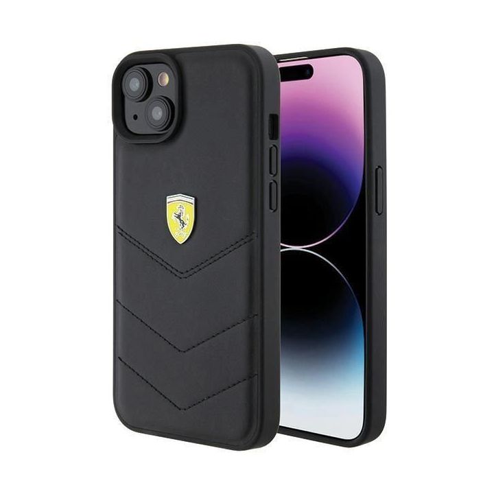 Dėklas Ferrari dygsniuotas metalinis logotipas iPhone 15 Plus - Pagrindinis