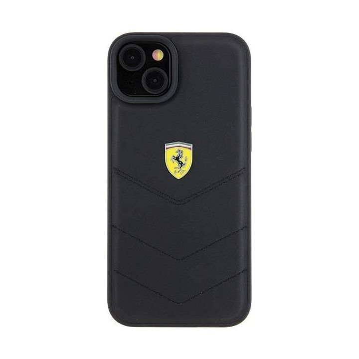 Dėklas Ferrari dygsniuotas metalinis logotipas iPhone 15 Plus - Pagrindinis
