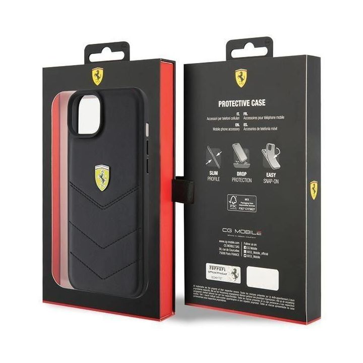 Dėklas Ferrari dygsniuotas metalinis logotipas iPhone 15 Plus - Pagrindinis