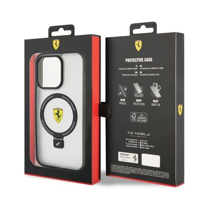 Ferrari Ring Stand 2023 Collection MagSafe dėklas iPhone 15 Pro - skaidrus