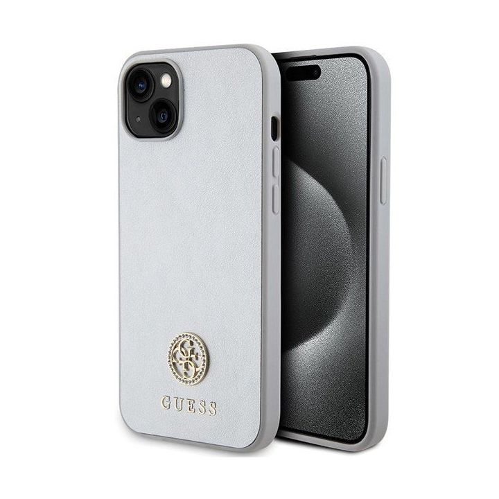 Guess Strass metalinis dėklas su logotipu iPhone 15 Plus - Sidabrinis
