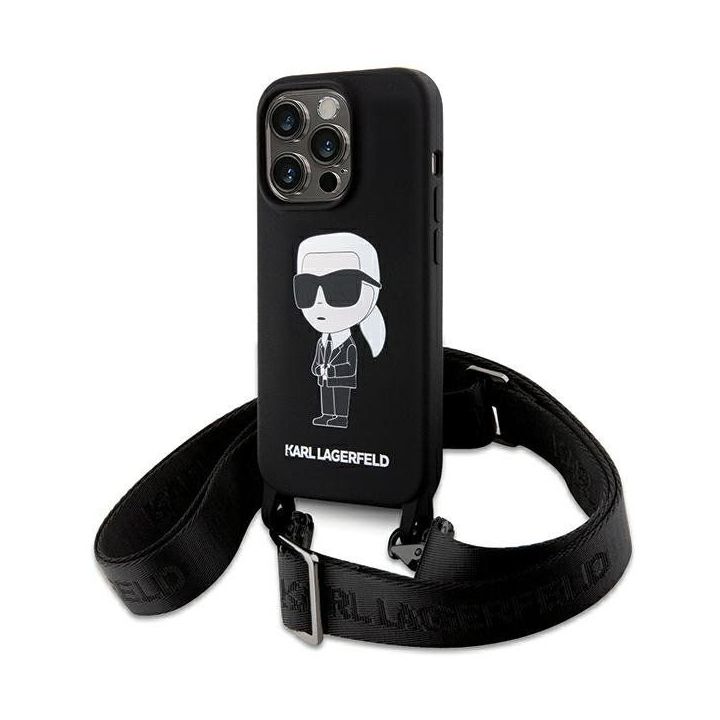 Karl Lagerfeld Crossbody silikoninis iPhone 15 Pro Max dėklas su ikonomis - juodas