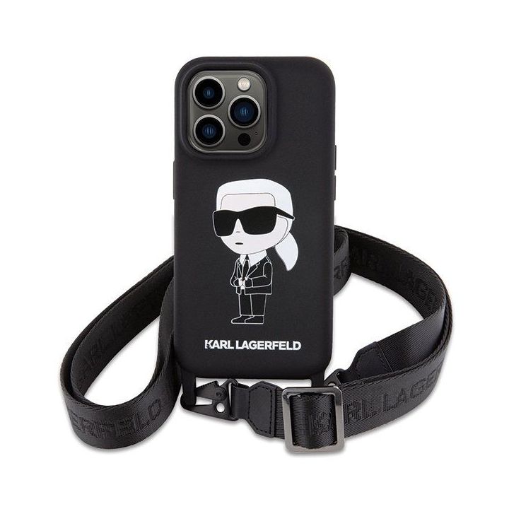 Karl Lagerfeld Crossbody silikoninis iPhone 15 Pro Max dėklas su ikonomis - juodas