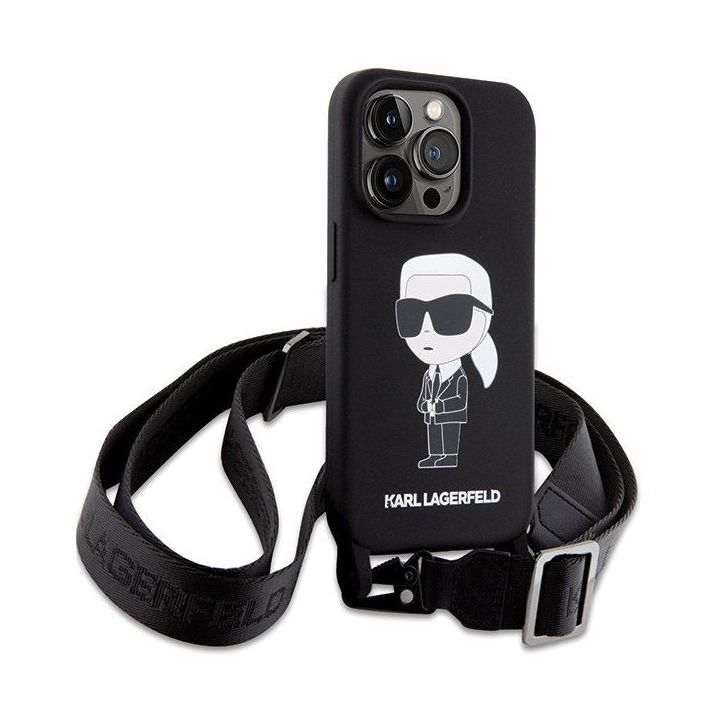Karl Lagerfeld Crossbody silikoninis iPhone 15 Pro Max dėklas su ikonomis - juodas