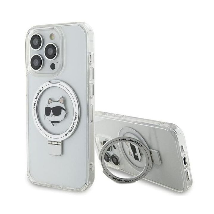 Dėklas Karl Lagerfeld Ring Stand Choupette Head MagSafe do iPhone 15 Pro - baltas