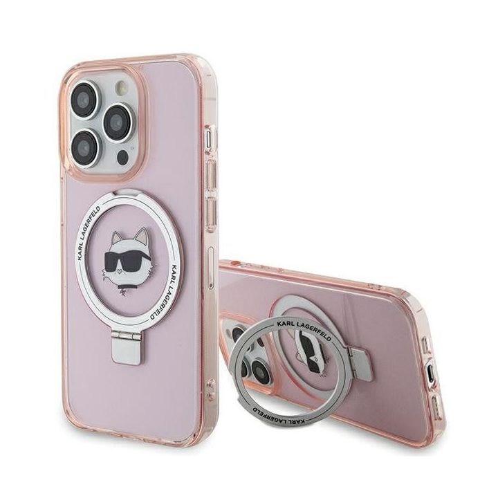 Dėklas Karl Lagerfeld Ring Stand Choupette Head MagSafe do iPhone 15 Pro - rožinės spalvos
