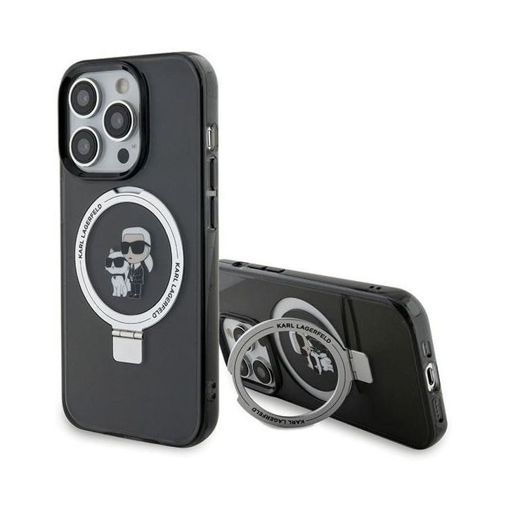 Dėklas Karl Lagerfeld Ring Stand Karl&Choupettte MagSafe do iPhone 15 Pro - Juodos spalvos