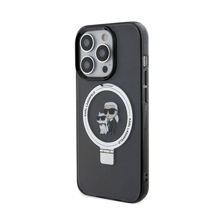 Dėklas Karl Lagerfeld Ring Stand Karl&Choupettte MagSafe do iPhone 15 Pro - Juodos spalvos