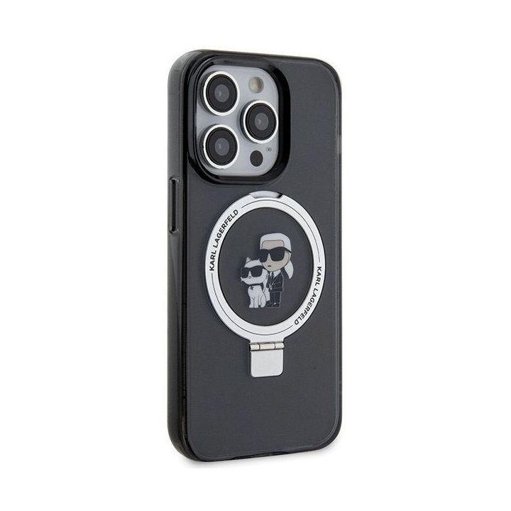 Dėklas Karl Lagerfeld Ring Stand Karl&Choupettte MagSafe do iPhone 15 Pro - Juodos spalvos