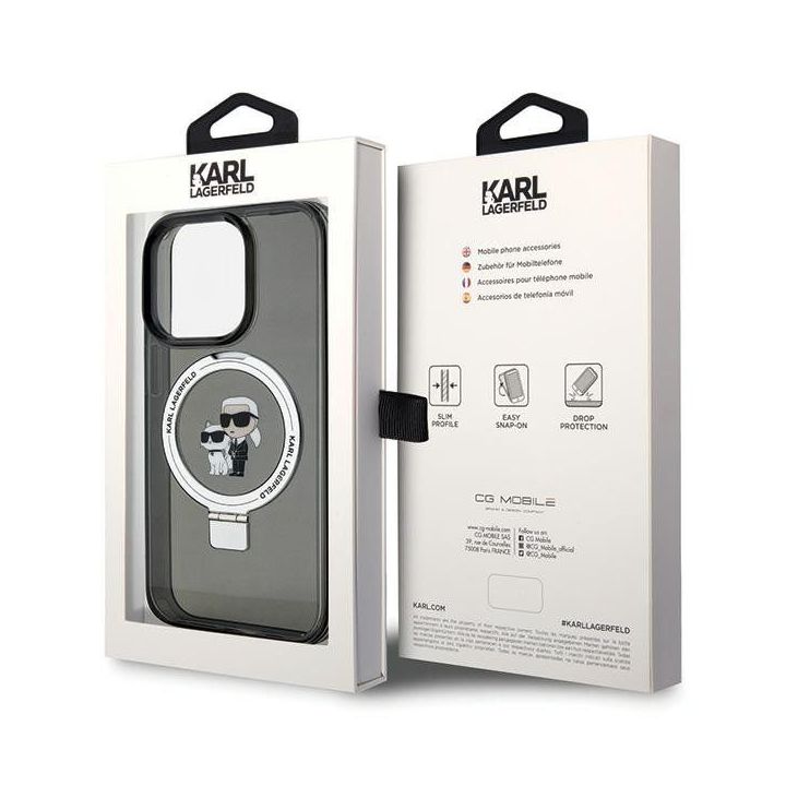 Dėklas Karl Lagerfeld Ring Stand Karl&Choupettte MagSafe do iPhone 15 Pro - Juodos spalvos