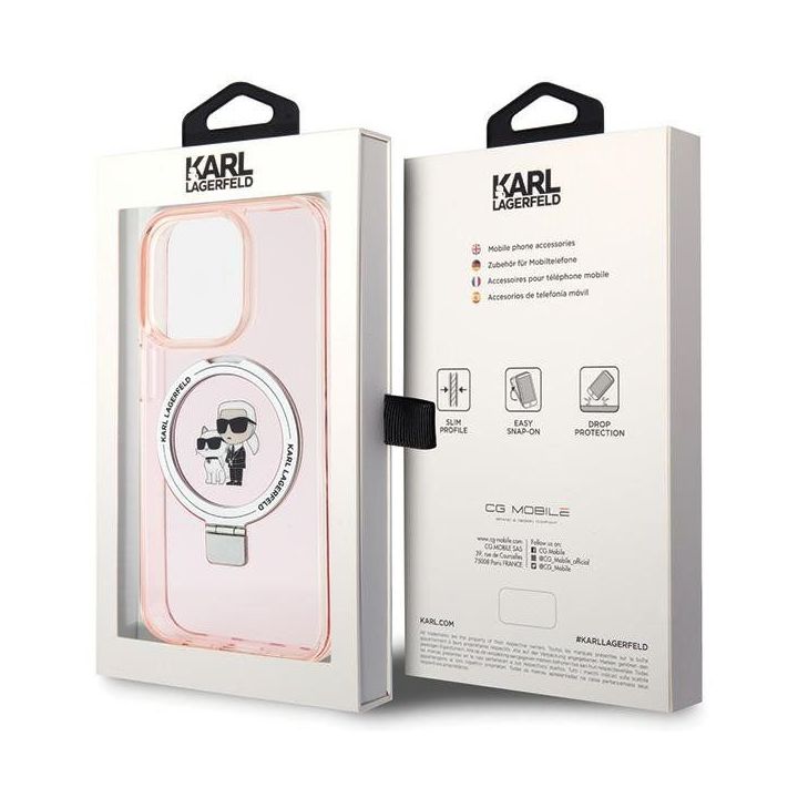 Dėklas Karl Lagerfeld Ring Stand Karl&Choupettte MagSafe do iPhone 15 Pro - rožinės spalvos