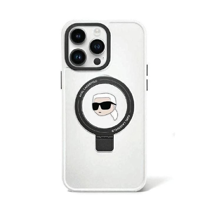 Dėklas Karl Lagerfeld Ring Stand Karl Head MagSafe do iPhone 15 Pro - baltas