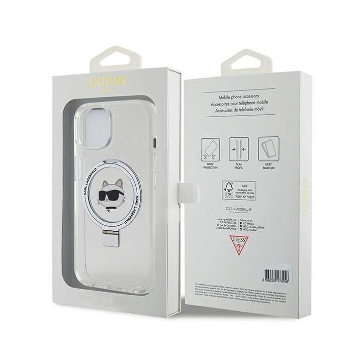 Dėklas Karl Lagerfeld Ring Stand Choupette Head MagSafe do iPhone 15 - baltas