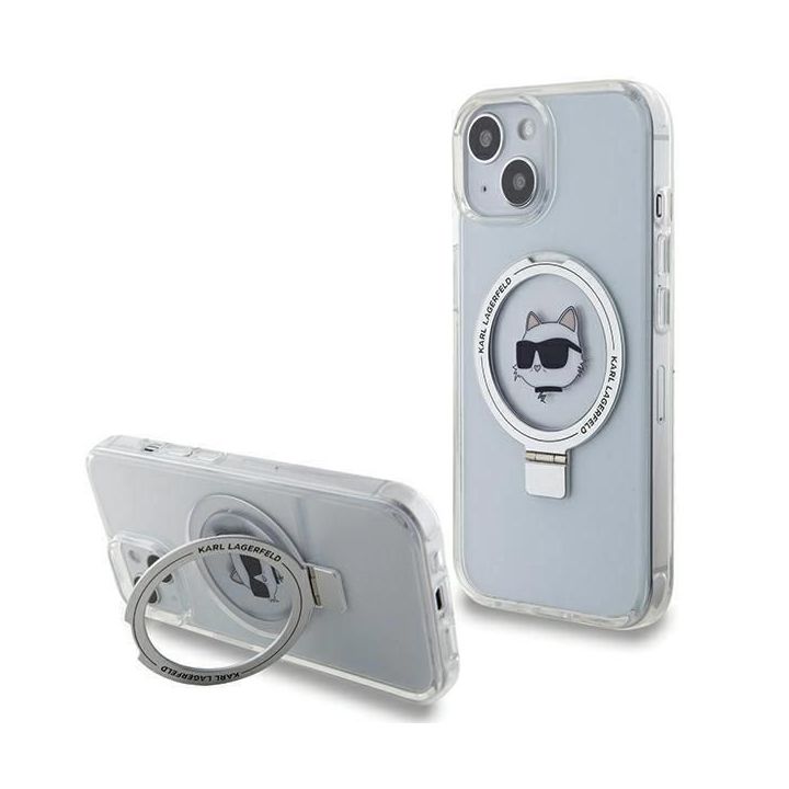 Dėklas Karl Lagerfeld Ring Stand Choupette Head MagSafe do iPhone 15 - baltas