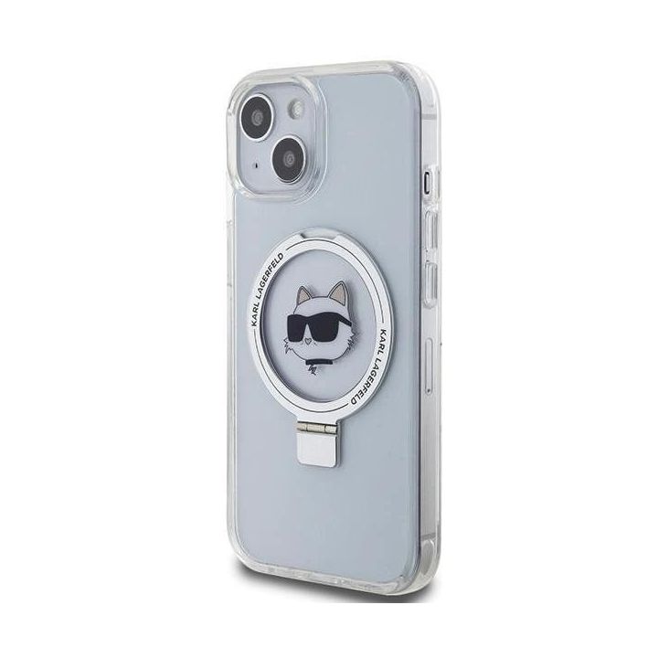 Dėklas Karl Lagerfeld Ring Stand Choupette Head MagSafe do iPhone 15 - baltas