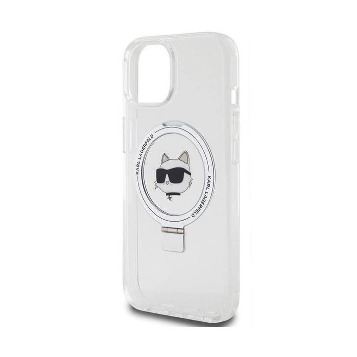 Dėklas Karl Lagerfeld Ring Stand Choupette Head MagSafe do iPhone 15 - baltas