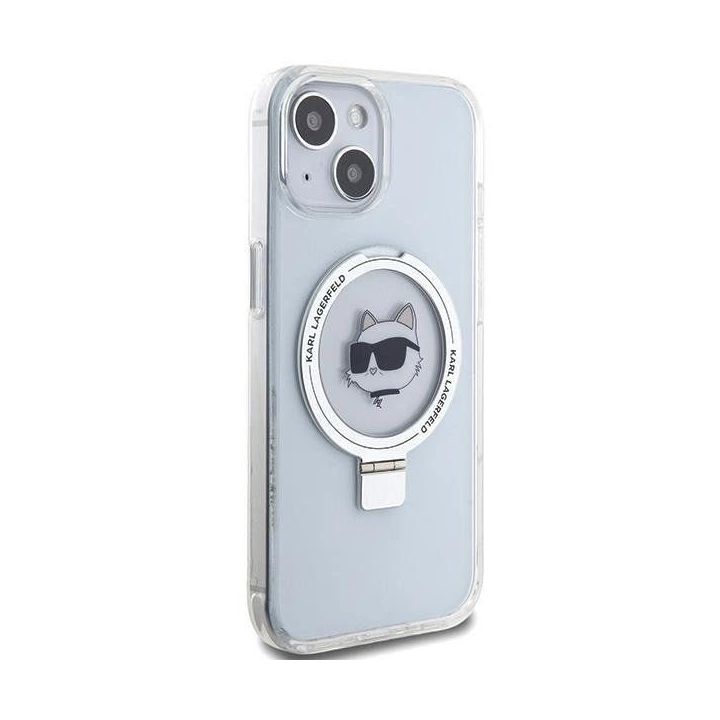 Dėklas Karl Lagerfeld Ring Stand Choupette Head MagSafe do iPhone 15 - baltas