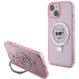 Dėklas Karl Lagerfeld Ring Stand Choupette Head MagSafe do iPhone 15 - rožinės spalvos