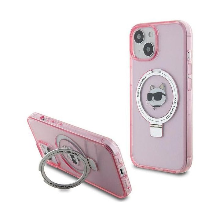 Dėklas Karl Lagerfeld Ring Stand Choupette Head MagSafe do iPhone 15 - rožinės spalvos