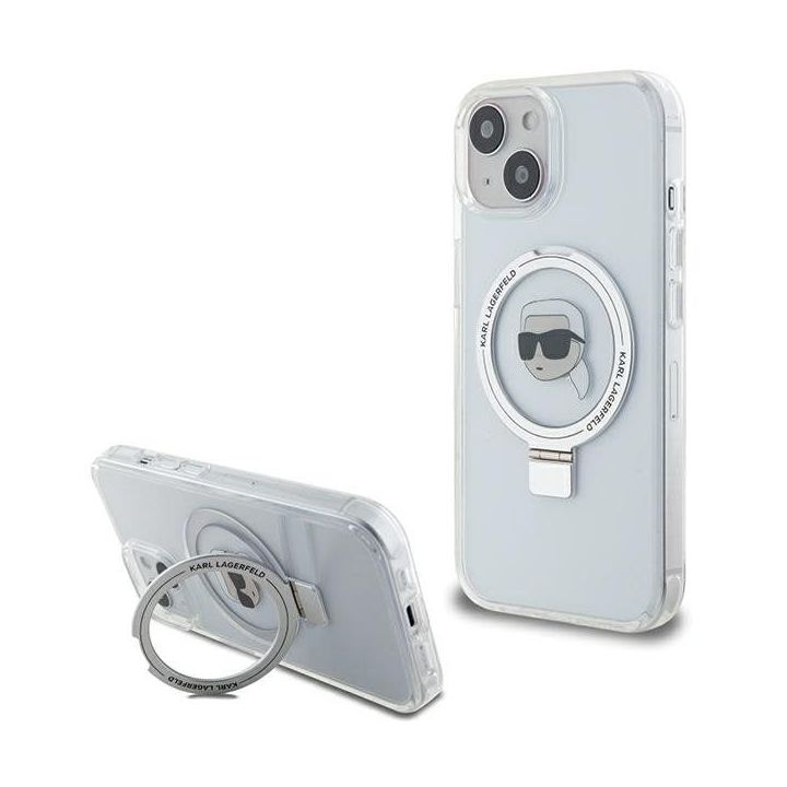 Dėklas Karl Lagerfeld Ring Stand Karl Head MagSafe do iPhone 15 - baltas