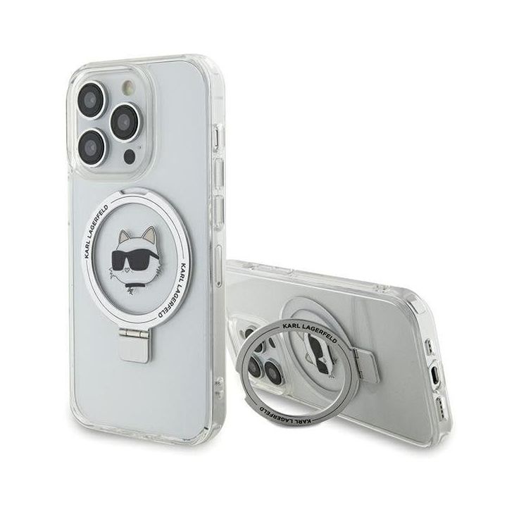 Dėklas Karl Lagerfeld Ring Stand Choupette Head MagSafe do iPhone 15 Pro Max - baltas