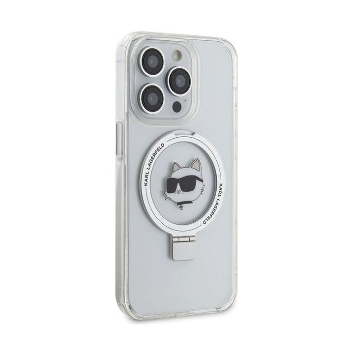 Dėklas Karl Lagerfeld Ring Stand Choupette Head MagSafe do iPhone 15 Pro Max - baltas