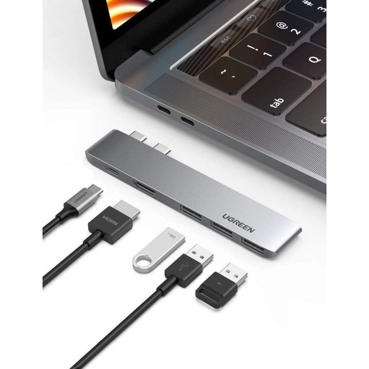 daugiafunkcinis šakotuvas 2x USB Type C to USB Type C PD (Thunderbolt 3, 100 W, 4K @ 60 Hz, 10 Gbps) / HDMI 4K @ 30 Hz / 3x USB