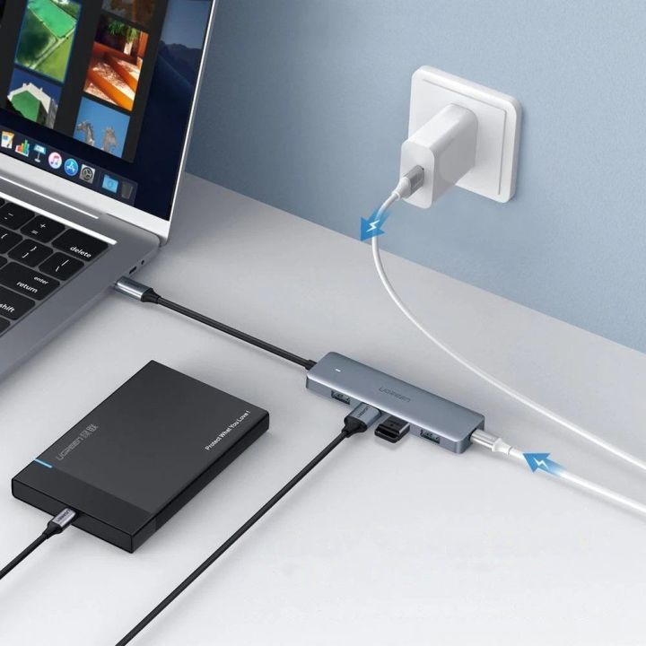 C tipo USB šakotuvas - 4x USB 3.2 Gen 1 su USB-C maitinimo prievadu, pilkos spalvos (CM219 70336)