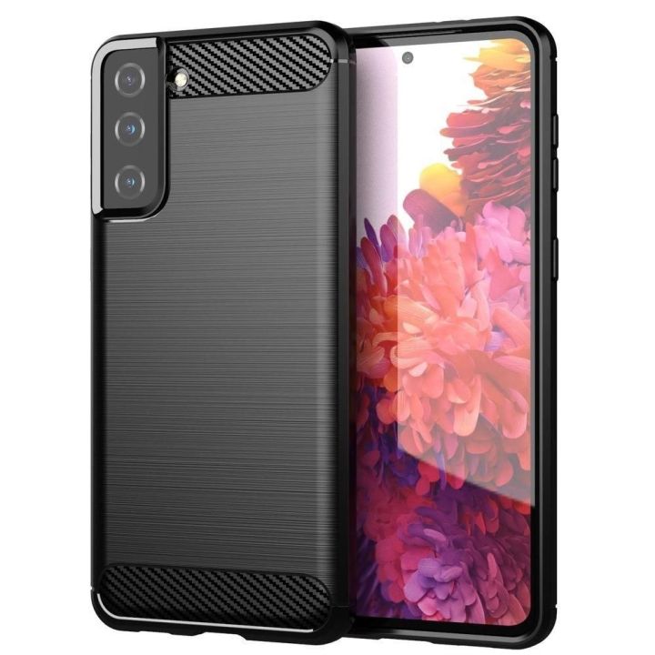 Carbon Case lankstus dangtelis TPU korpusas, skirtas Samsung Galaxy S21+ 5G (S21 Plus 5G), juodos spalvos