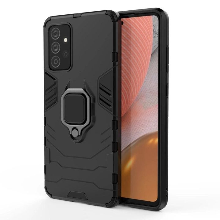 Ring Armor dėklas Kickstand tvirtas atsparus dangtelis, skirtas Samsung Galaxy A72 4G , juodos spalvos