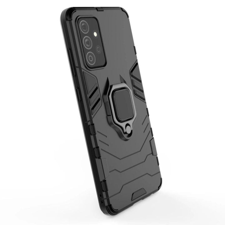 Ring Armor dėklas Kickstand tvirtas atsparus dangtelis, skirtas Samsung Galaxy A72 4G , juodos spalvos