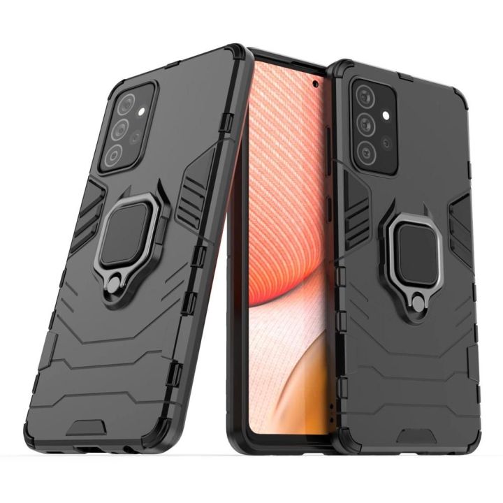 Ring Armor dėklas Kickstand tvirtas atsparus dangtelis, skirtas Samsung Galaxy A72 4G , juodos spalvos