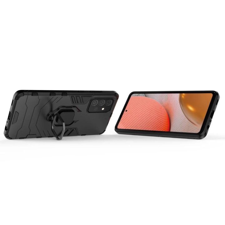 Ring Armor dėklas Kickstand tvirtas atsparus dangtelis, skirtas Samsung Galaxy A72 4G , juodos spalvos