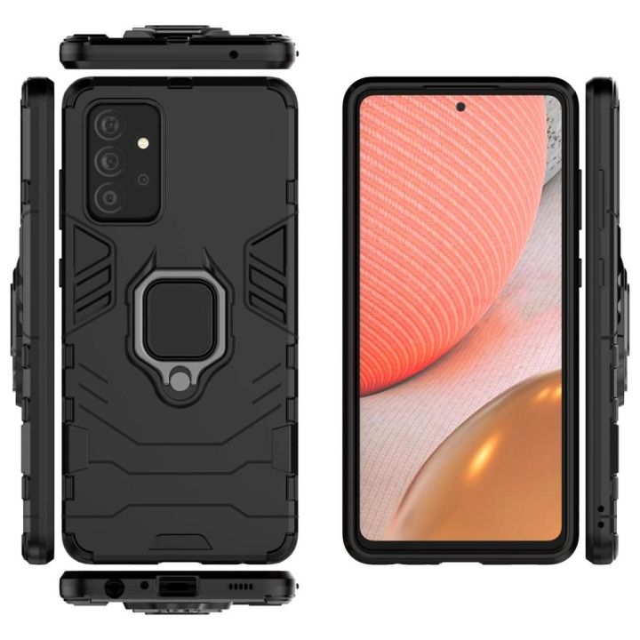 Ring Armor dėklas Kickstand tvirtas atsparus dangtelis, skirtas Samsung Galaxy A72 4G , juodos spalvos