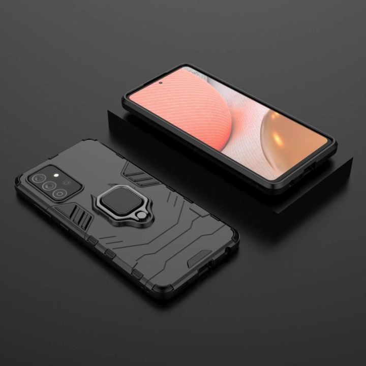 Ring Armor dėklas Kickstand tvirtas atsparus dangtelis, skirtas Samsung Galaxy A72 4G , juodos spalvos