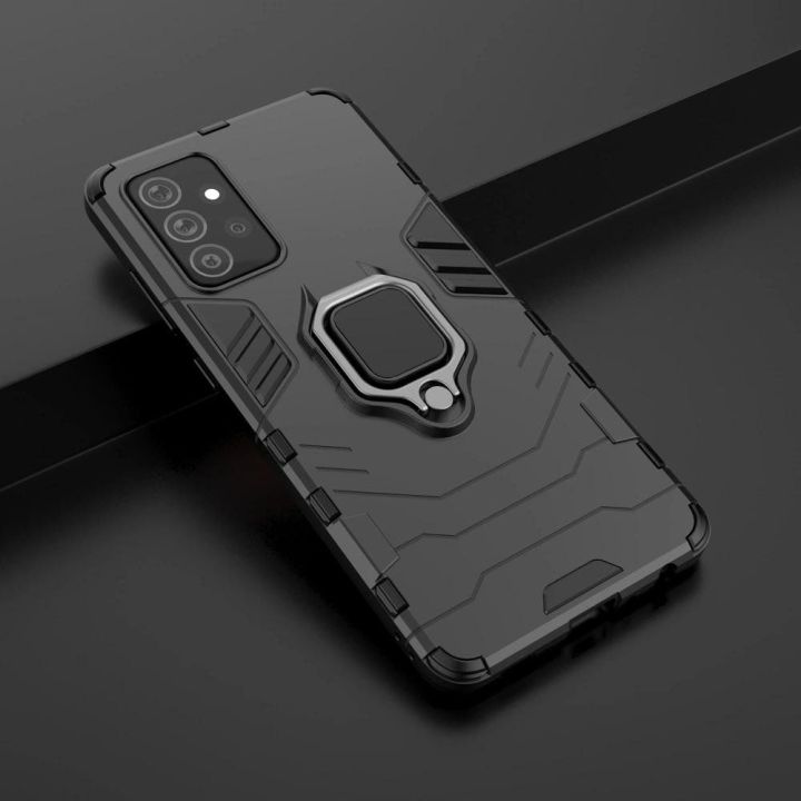 Ring Armor dėklas Kickstand tvirtas atsparus dangtelis, skirtas Samsung Galaxy A72 4G , juodos spalvos