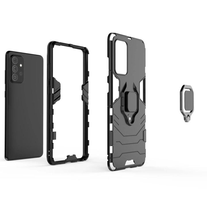 Ring Armor dėklas Kickstand tvirtas atsparus dangtelis, skirtas Samsung Galaxy A72 4G , juodos spalvos