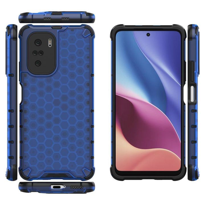 Honeycomb korpuso šarvuotas dangtelis su TPU bamperiu, skirtas Xiaomi Redmi K40 Pro+ / K40 Pro / K40 / Poco F3 , mėlynas