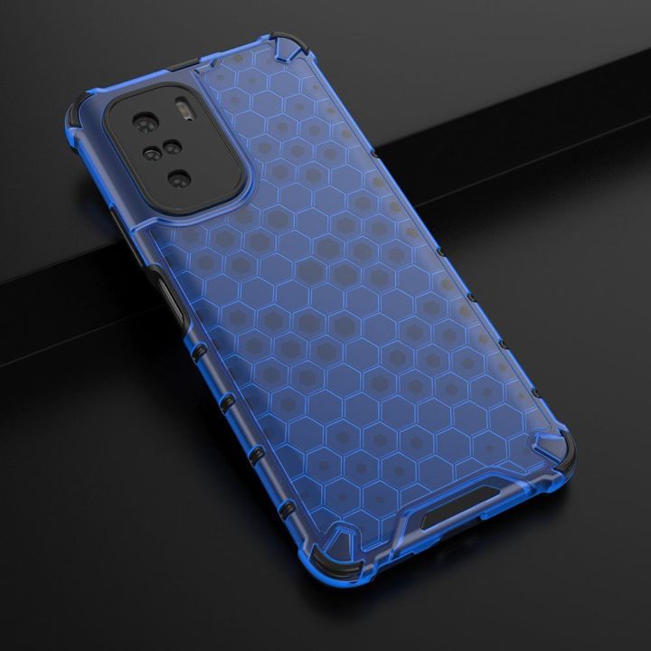 Honeycomb korpuso šarvuotas dangtelis su TPU bamperiu, skirtas Xiaomi Redmi K40 Pro+ / K40 Pro / K40 / Poco F3 , mėlynas