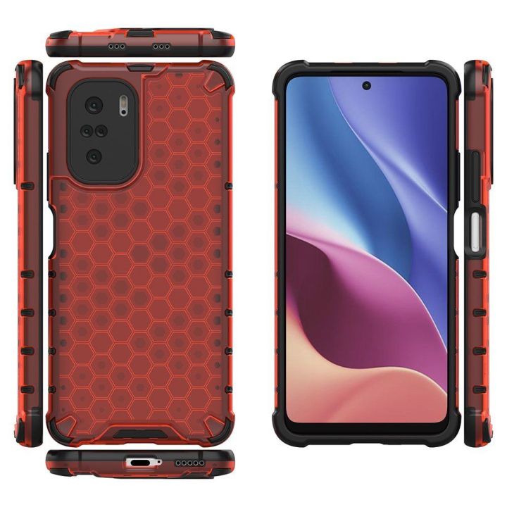 Honeycomb korpuso šarvuotas dangtelis su TPU bamperiu, skirtas Xiaomi Redmi K40 Pro+ / K40 Pro / K40 / Poco F3 , raudonas